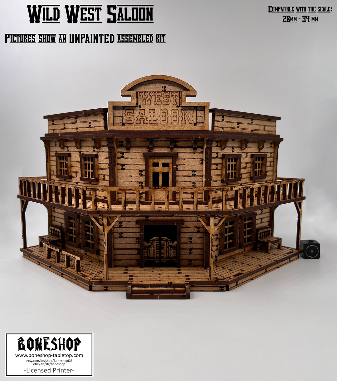 Wild West Saloon &amp; Möbel - kompatibel mit Miniaturen im Maßstab 28mm bis 34mm - Maßstab 1:56 - Boneshop - Lasercut Bausatz mit Anleitung