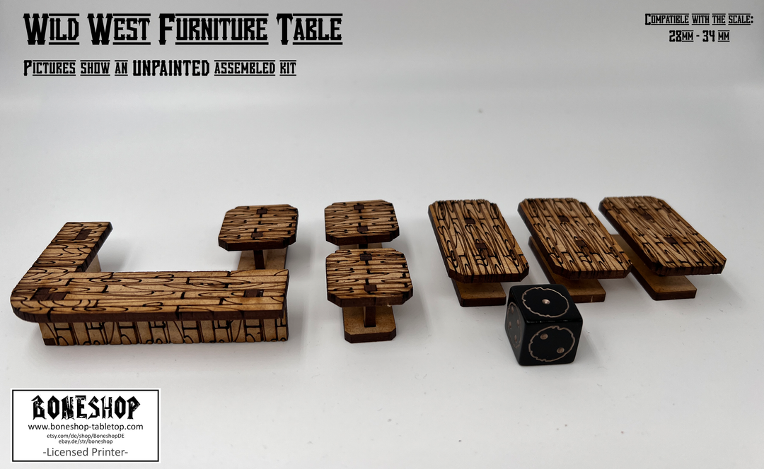 Wild West Saloon &amp; Möbel - kompatibel mit Miniaturen im Maßstab 28mm bis 34mm - Maßstab 1:56 - Boneshop - Lasercut Bausatz mit Anleitung
