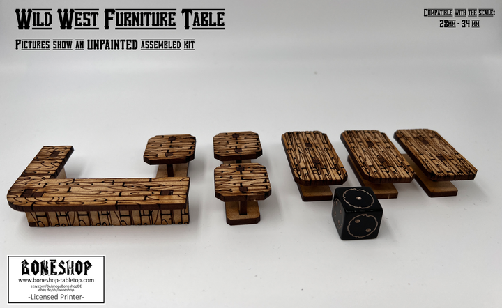 Wild West Saloon &amp; Möbel - kompatibel mit Miniaturen im Maßstab 28mm bis 34mm - Maßstab 1:56 - Boneshop - Lasercut Bausatz mit Anleitung
