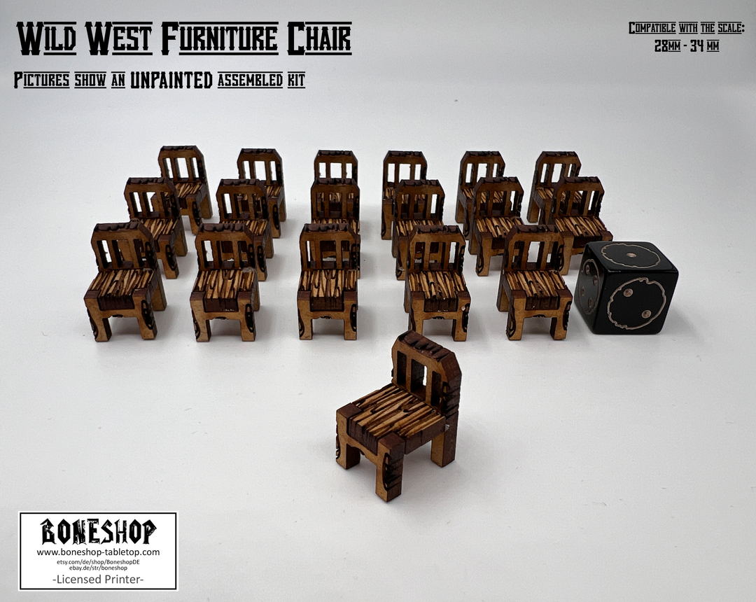 Wild West Saloon &amp; Möbel - kompatibel mit Miniaturen im Maßstab 28mm bis 34mm - Maßstab 1:56 - Boneshop - Lasercut Bausatz mit Anleitung