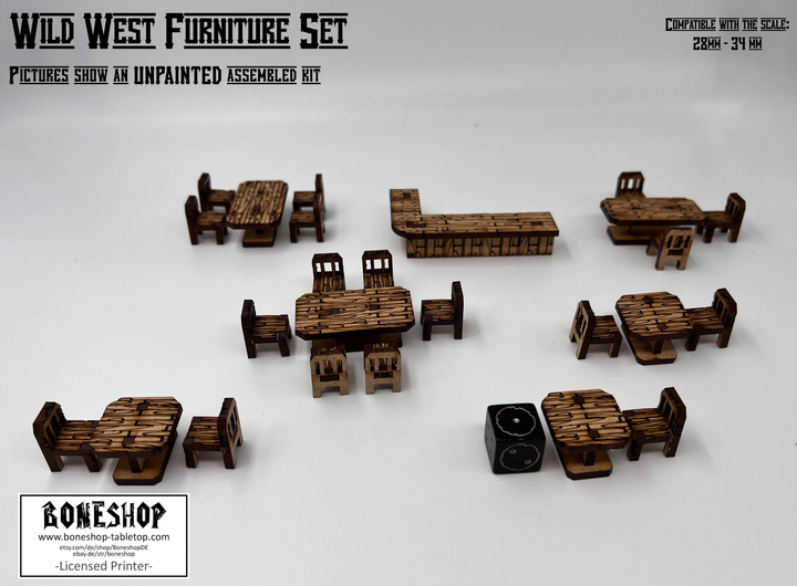 Wild West Saloon &amp; Möbel - kompatibel mit Miniaturen im Maßstab 28mm bis 34mm - Maßstab 1:56 - Boneshop - Lasercut Bausatz mit Anleitung