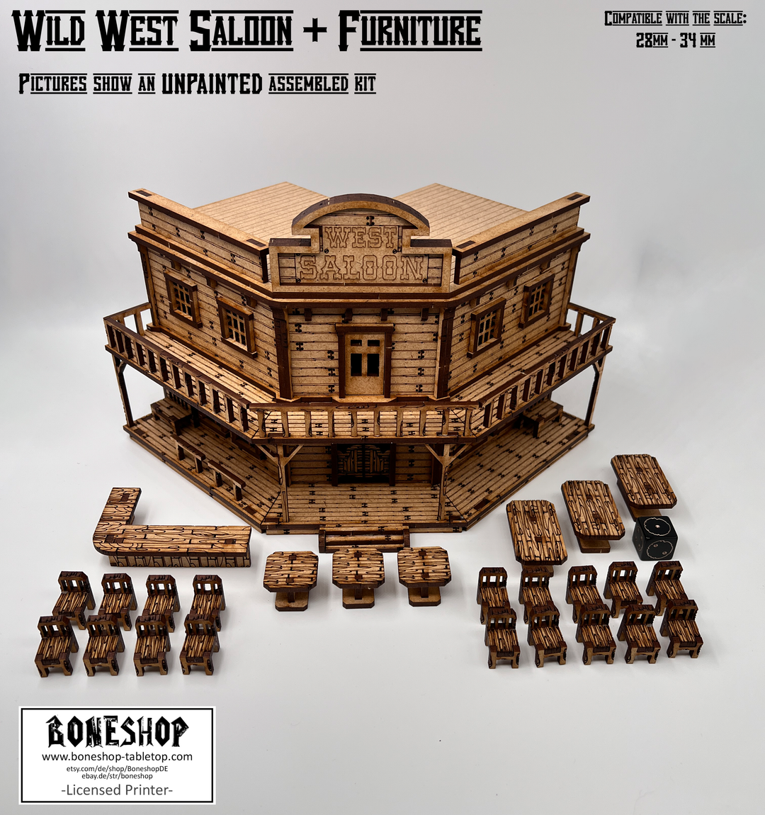 Wild West Saloon &amp; Möbel - kompatibel mit Miniaturen im Maßstab 28mm bis 34mm - Maßstab 1:56 - Boneshop - Lasercut Bausatz mit Anleitung