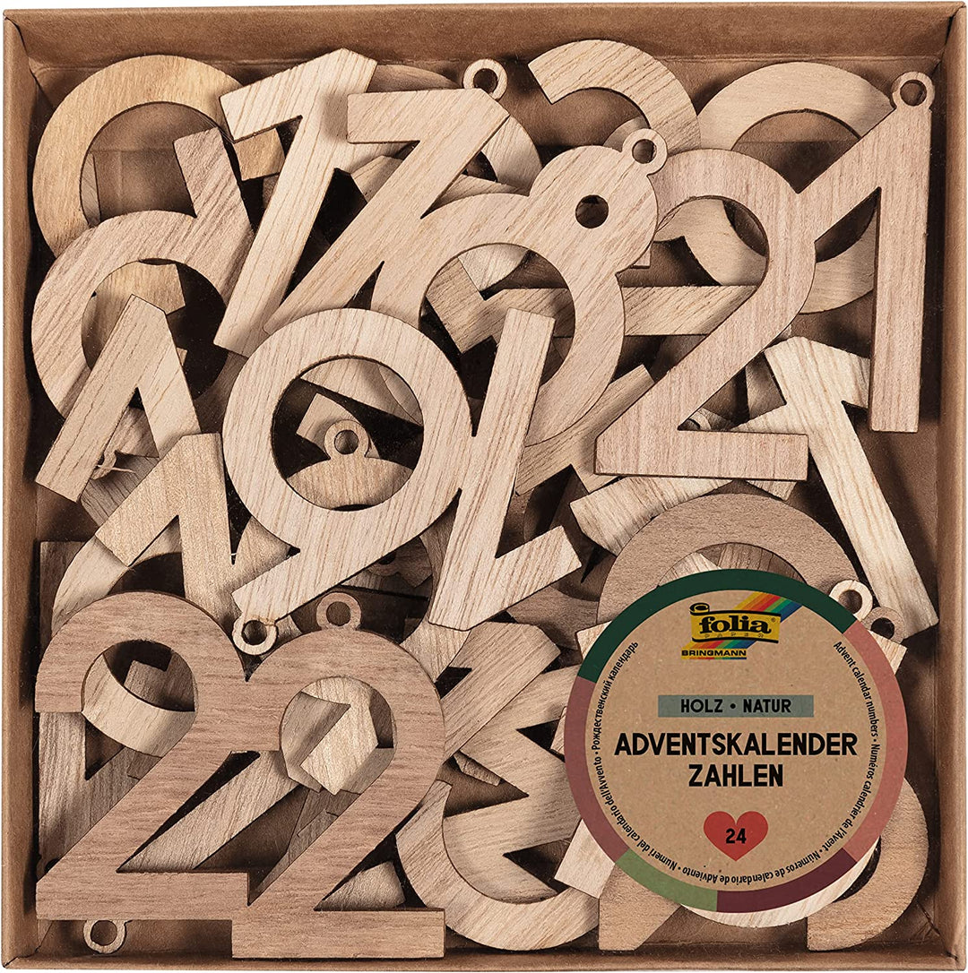 Adventskalender Zahlen, 5cm, Holz natur, 24 Zahlen aus Holz zum Aufhängen