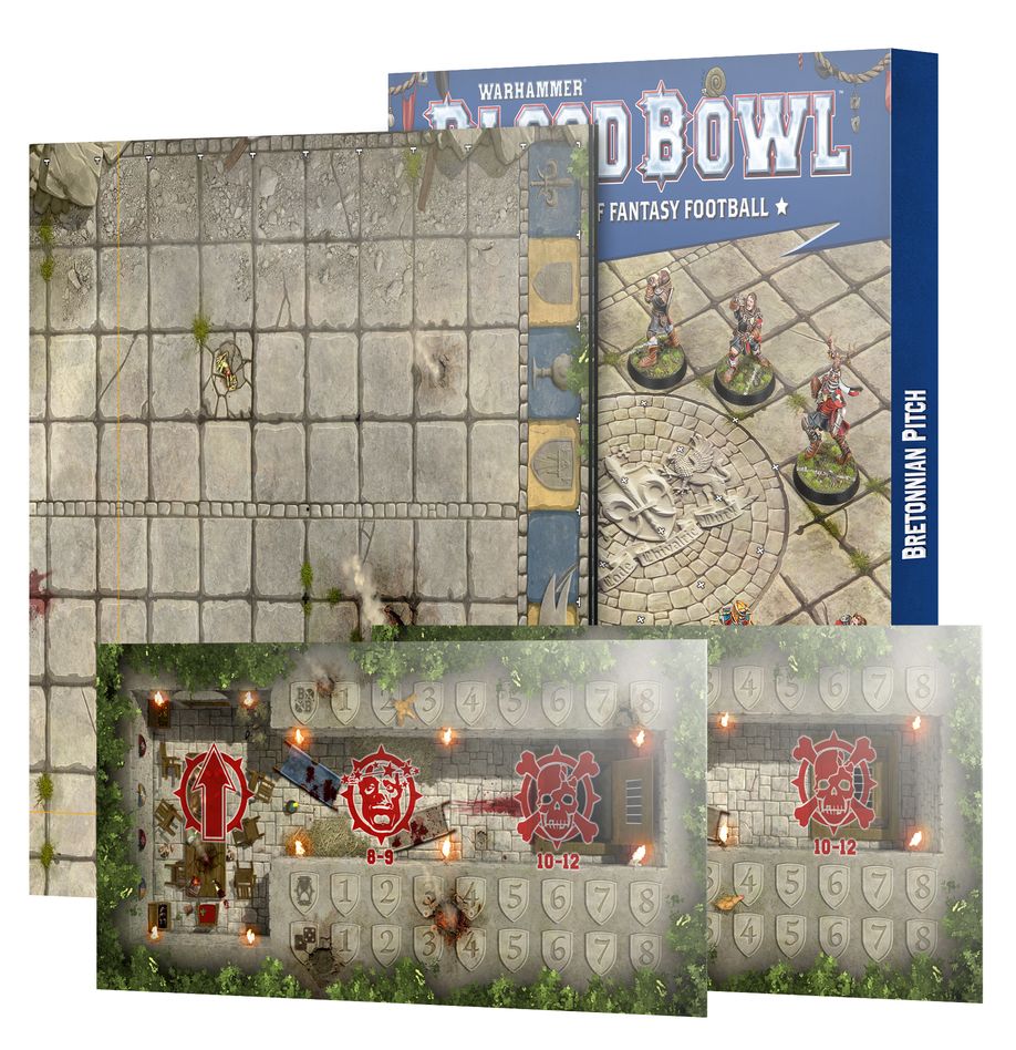 Blood Bowl: Bretonnian Pitch: Double-sided Pitch and Dugouts (202-61) (2025) (Bretonen-Team: Beidseitig bedrucktes Spielfeld und Reservebänke)