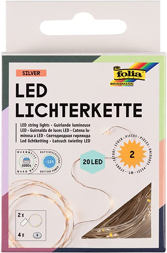 2x Micro-LED Lichterkette mit je 20 LEDs in Warmweiß, ca. 2,20 m lange LED Beleuchtung aus Silberdraht, inkl. 4 Batterien